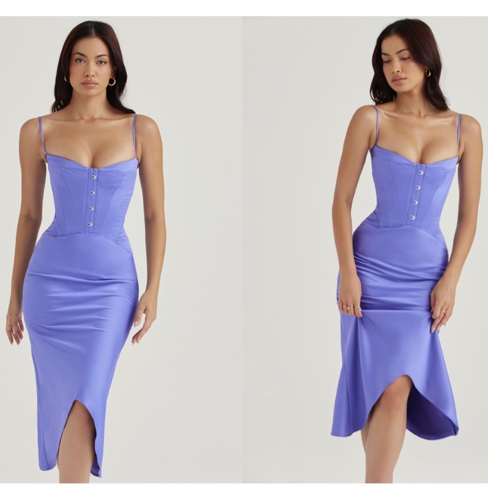 HOUSE OF CB 'Imogen' Periwinkle Satin Corset Midi Dress NWOT size‎ M